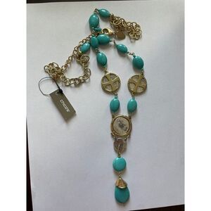 Chico's Isabella Faux Turquoise Beaded Coin Y -Gold Tone - Pendant Necklace 34"